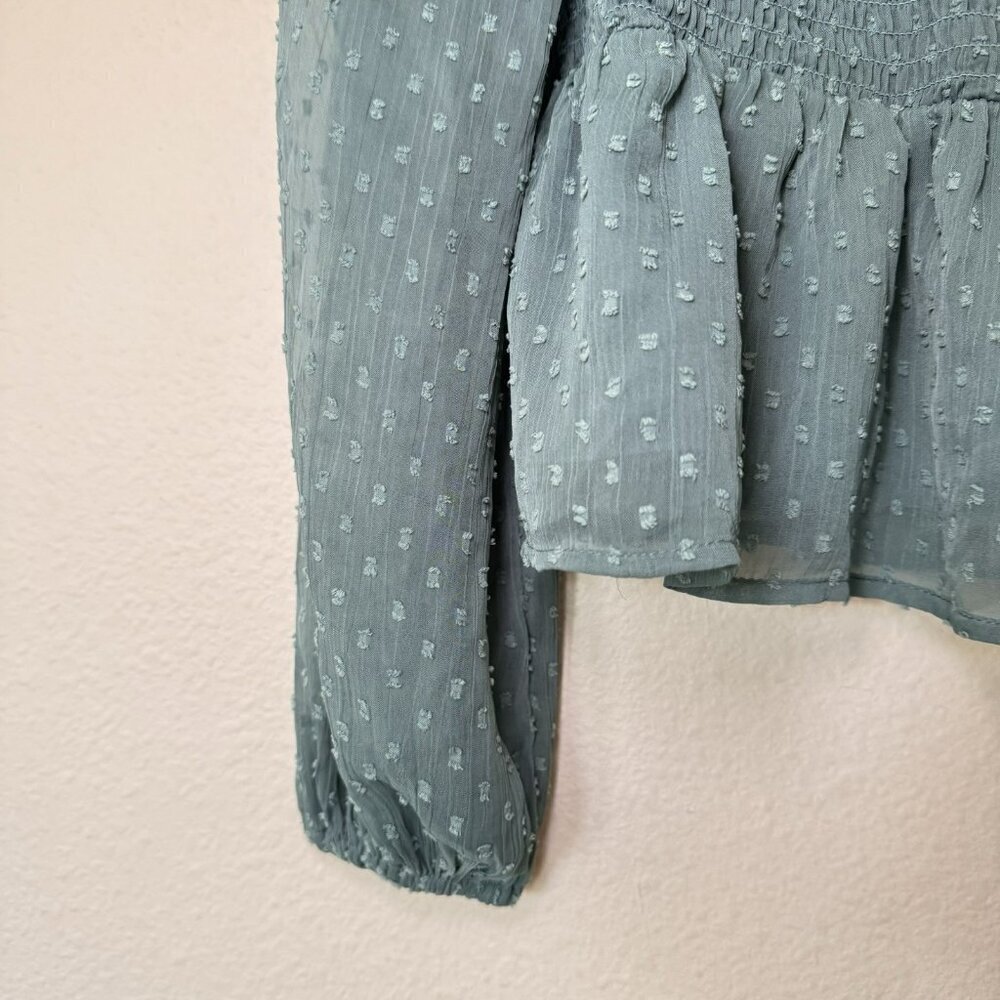 American Eagle Green Smocked Peplum Top Long Sheer Sleeve Size Small - Picture 3 of 4
